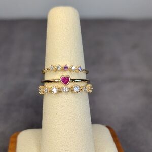 3 Gold-Plated Ring Set: Pink Heart, Clear-Pink-Purple Stones